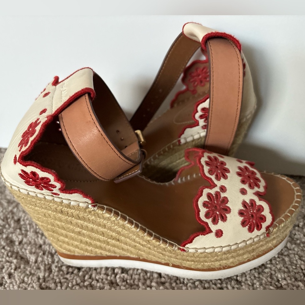 See by chloe red and white embroidered platform espadrilles size 38/7.5 usa